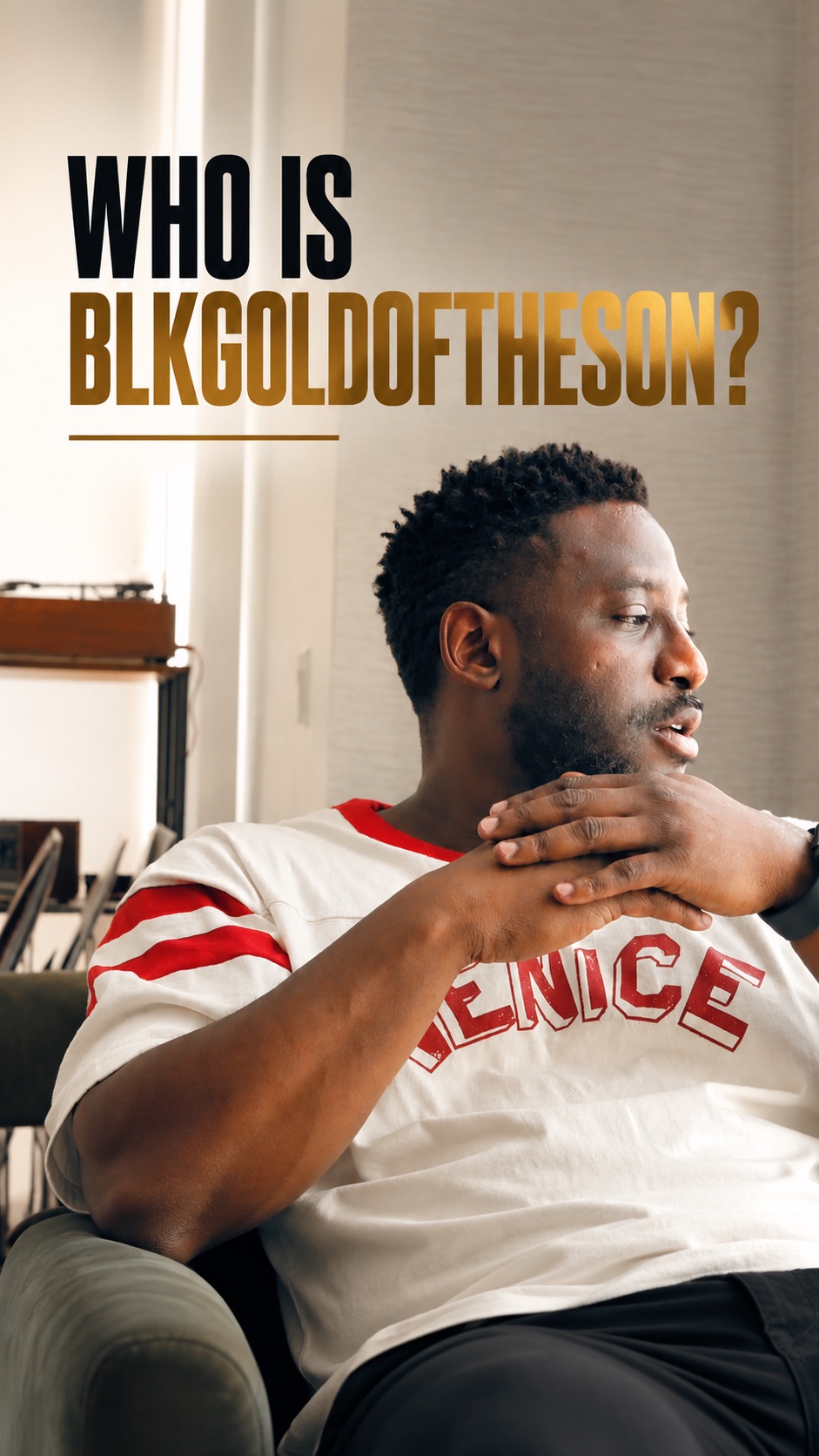Blkgoldoftheson seated in a studio, beneath the words Who is Blkgoldoftheson?